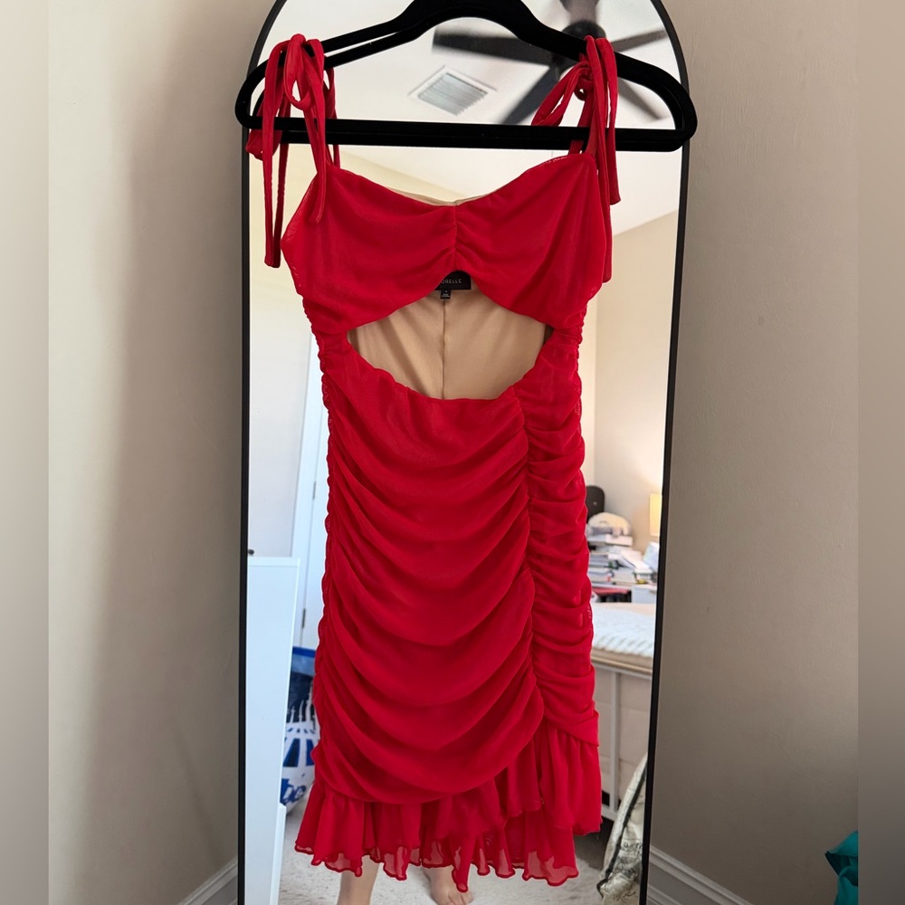 MAJORELLE Red Ruched Cutout Mini Dress with Tie-Shoulder Straps